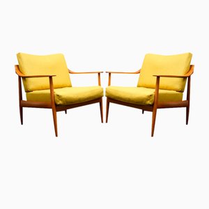 Set of Vintage German Lounge Chairs in Yellow Fabric by Walter Knoll, 1960s