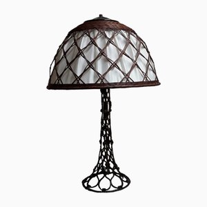 Large Vintage Table Lamp with a Metal Foot in a Braided Look and a Fabric -Related Pipe Mesh Screen, 1980s