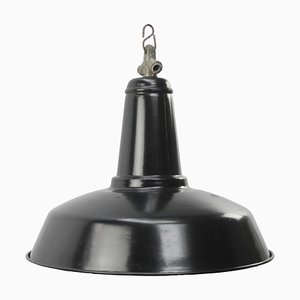 Vintage French Industrial Black Enamel Pendant Lamp