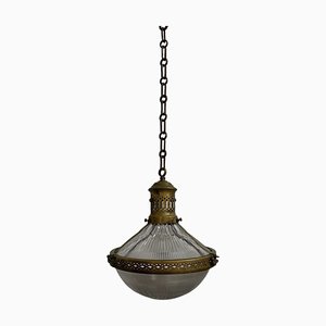 Vintage Antique Industrial French Holophane Prismatic Glass Ceiling Stiletto Pendant Light Lamp