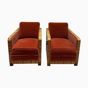 Art Deco Zebra Wood & Burr Walnut Mohair Velvet Club Chairs, Swedish, 1940s, Set of 2