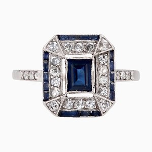 French Art Deco Sapphire Diamonds Platinum Rectangular Ring, 1920s