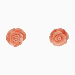 Modern Coral 18 Karat Yellow Gold Rose Shaped Stud Earrings, Set of 2