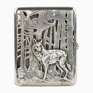 Russian Slotted Cigarette Case in Silver with Wolf at the Edge of the Forest Decor, Late 19th-Early 20th Century
