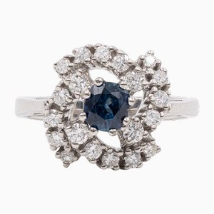 Vintage Tourbillon Ring in 14K White Gold with Sapphire and Diamonds, 1970s