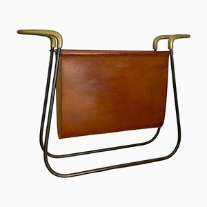 Brass and Brown Leather Magazine Holder by Carl Auböck, 1950s