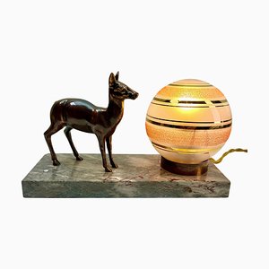 French Art Deco Table Lamp with Stylized Spelter Representation of a Deer, 1935