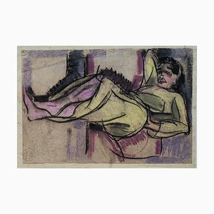 Henri Fehr, Young Lying Woman, Mixed Media on Paper, 1960s