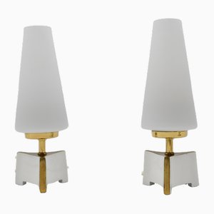 Lampade da tavolo Petite Mid-Century moderne in ottone e vetro opalino, anni '50, set di 2