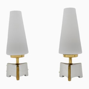 Petite Mid-Century Modern Massive Brass and Opaline Glass Table Lamps, 1950s , Set of 2