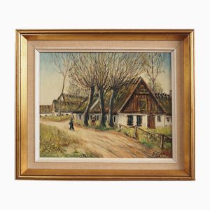 Skandinavischer Künstler, The Farm Under the Willows, 1960er, Öl auf Leinwand, Gerahmt