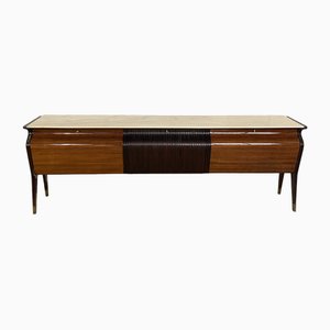 Buffet Sideboard in Veneered Wood and Ebonised Grisaille, Brass Ferrules, marble Top by Atelier di Varedo designer for Osvaldo Borsani, 1950s