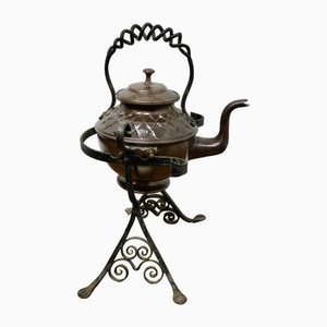 Antique Copper Kettle on Wrought Iron Stand