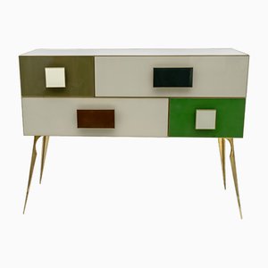 Postmodern Italian Chest in Colored Glass and Brass, 1980s