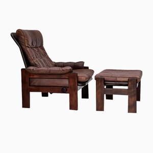 Danish Adjustable Lounge Chair with Footstool in Brown Leather from Skippers Møbler, 1970s, Set of 2