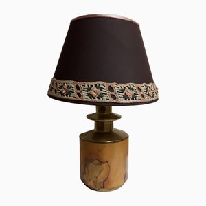 Vintage Table Lamp with Round Foot in Yew Wood with Brass Mount and Brown Fabric Screen with Colored Border, 1970s