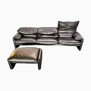 Maralunga 3-seater Sofa with Ottoman by Vico Magistretti for Cassina, Set of 2