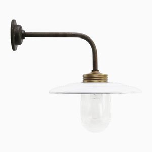 Vintage Industrial Brass and Glass Wall Light in White Enamel