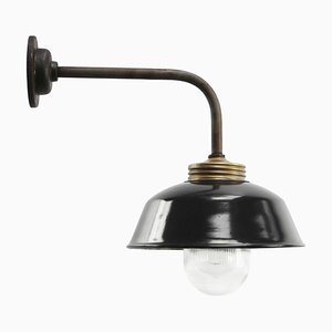 Vintage Industrial Black Enamel, Brass and Clear Striped Glass Wall Light