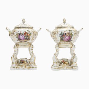 Quemadores de perfume alemanes de porcelana, década de 1800. Juego de 2