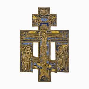 Bronze Cross Crucifix with 3 Enamels, Russia, 19th Century