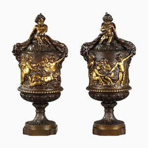 Covered Vases in Chased Bronze with Rich Decoration, 1870s, Set of 2