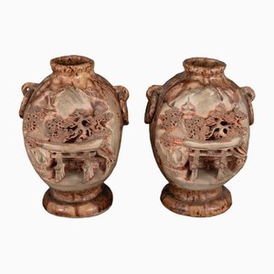 Jarrones Banko Ware de China de cerámica con decoración de templo y pagoda. Juego de 2