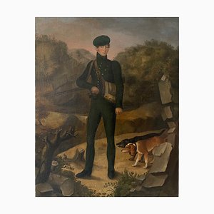 Porträt eines Jägers und seiner Hunde, 1820, Öl auf Leinwand