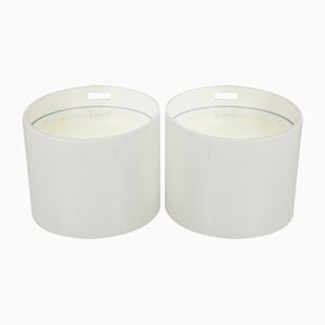 Barrel-Shaped Illuminated Tables in White Lacquered Wood with Glass Tops, 1970s, Set of 2