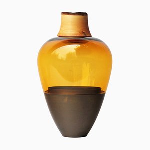 Amber and Patinated Brass Sculpted Vase in Blown Glass by Pia Wüstenberg