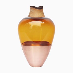 Bernsteinfarbene und kupferfarbene Vase aus mundgeblasenem Glas von Pia Wüstenberg