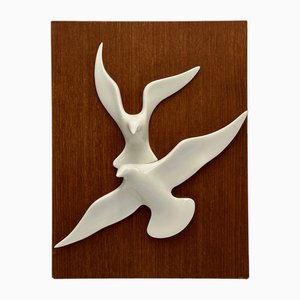 Mid-Century Wall Decoration of Birds in Teak and Porcelain, 1960s