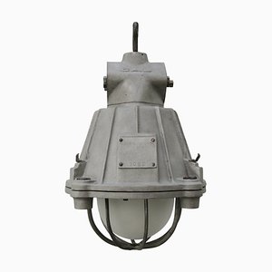 Vintage Industrial Pendant Lamp in Gray Metal and Frosted Glass from GAL, France