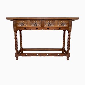 Early 20th Century Catalan Spanish Carved Walnut Console Table with Two Drawers, 1900s