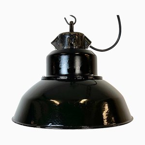 Industrial Black Enamel Factory Lamp with Cast Iron Top from Elektrosvit, 1960s