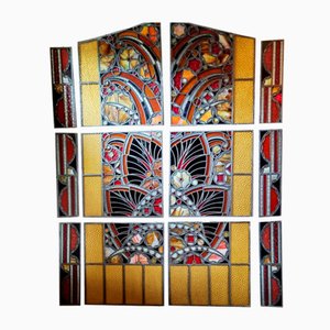 Large Art Deco Architectural Stained Glass Window Panels, 1920s, Set of 12