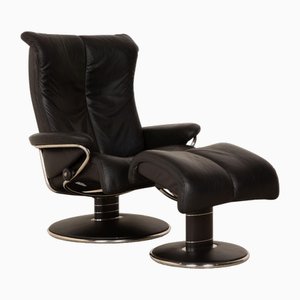 Stressless Blues Ledersessel mit Fußhocker in Schwarz, 2 . Set