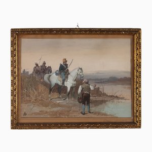 Patrol on the Po Riverbank, Watercolor on Paper, 1890s, Framed