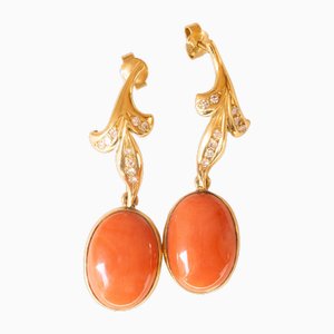 Vintage 18k Yellow Gold Orange Coral and Diamond Drop Earrings, 1960s, Set of 2