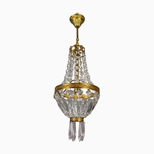 French Empire Style Brass and Crystal Glass Basket Chandelier, 1950s