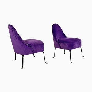 Italian Padded Armchairs in Purple Velvet and Curved Metal, 1950s, Set of 2