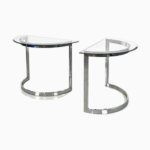 French Semicircular Consoles in Chromed Steel and Bellied Glass, 1970s, Set of 2