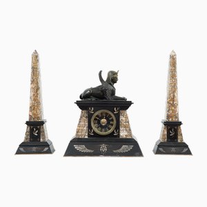 French Napoleon III Clock in Marble and Satin Bronze, 19th Century, Set of 3