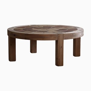 Large Round Coffee Table in Pine & Ceramic, Denmark, 1970s