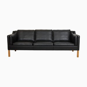 2213 Drei-Sitzer Sofa aus schwarzem Original Leder von Børge Mogensen, 2000er