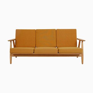 Three-Seater Cigar Sofa in Oak and Yellow Fabric by Hans Wegner, 1960s