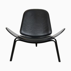 Schwarzer Vintage Shell Chair aus schwarzem Leder von Hans Wegner, 2000er