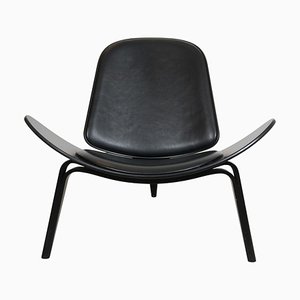 Vintage Black Shell Chair in Black Leather by Hans Wegner, 2000s