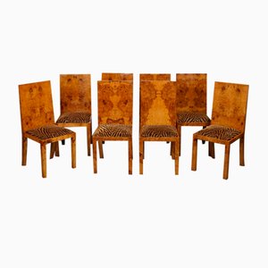 Art Deco Burr Walnut Dining Chairs with Animal Print Seats, Set of 8