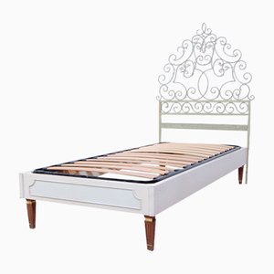 Wooden Single Bed Structure with Wrought Iron Headboard, Early 1900s